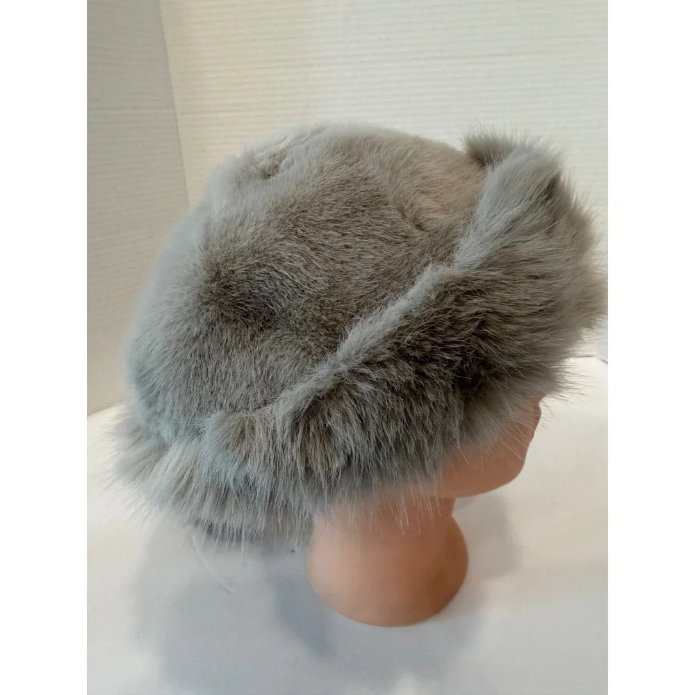 NEW Mongolian Fluffy Furry Gray Faux Fur Luxury Ear‎ Coverage Bucket Beanie Hat